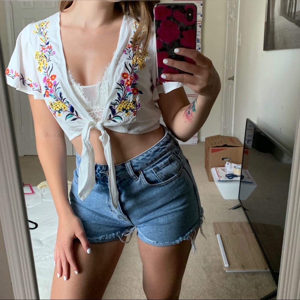 Forever 21 Tie-Front Embroidered Blouse